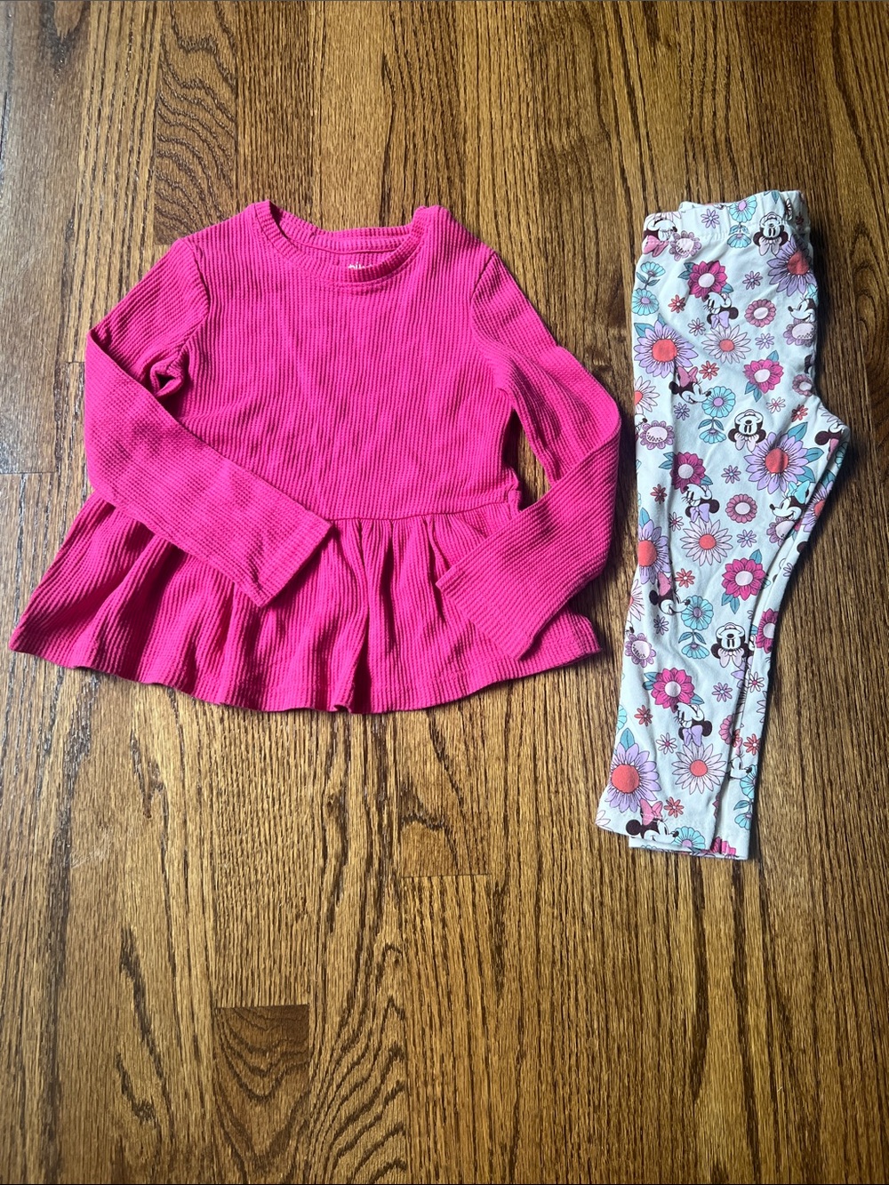 jumping beans Pink Ribbed Peplum Top with Floral Minnie Mouse Leggings